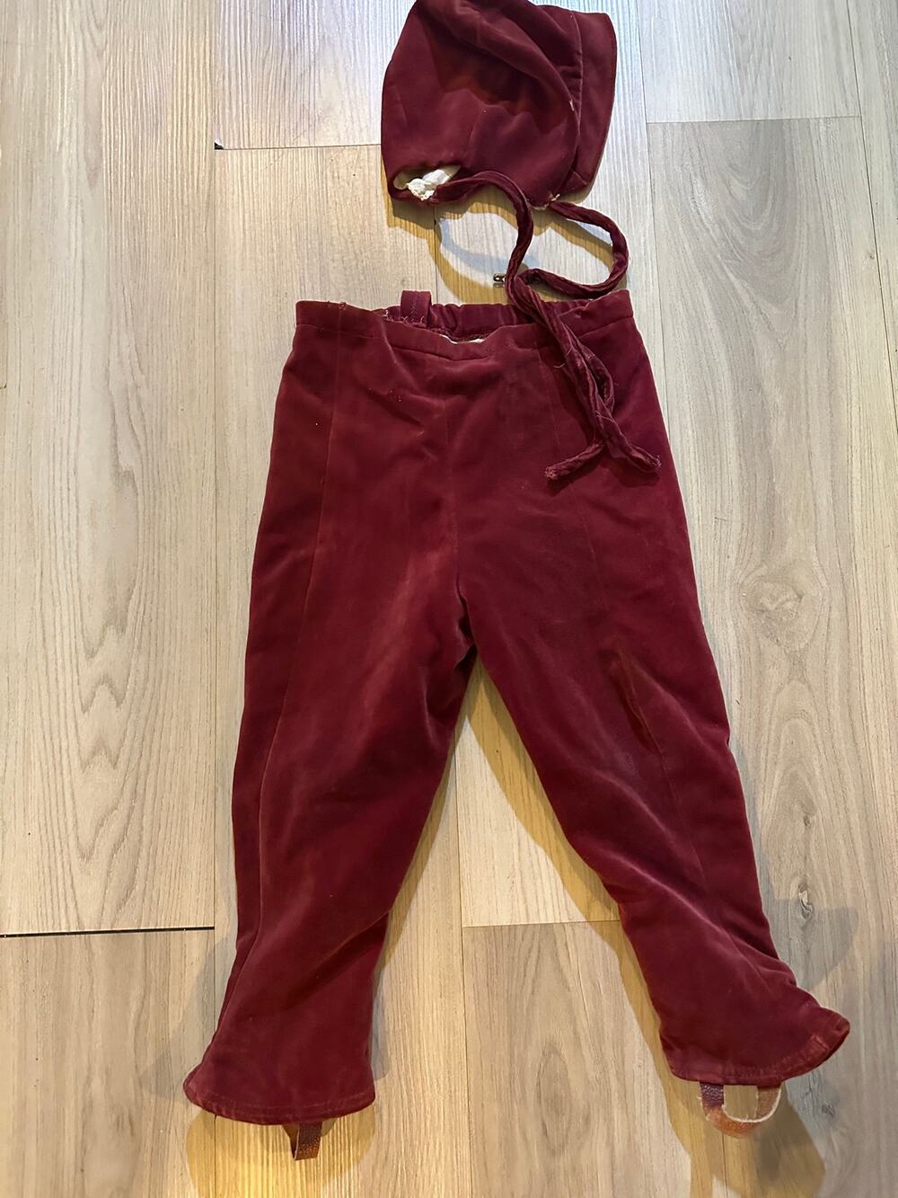 Vintage Burgundy Velvet Toddler Pants Bonnet Set Stirrup Leggings